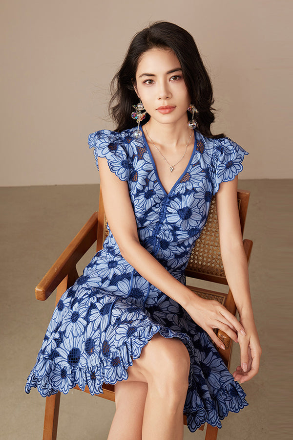 Blue Floral Short A Line Summer Dress