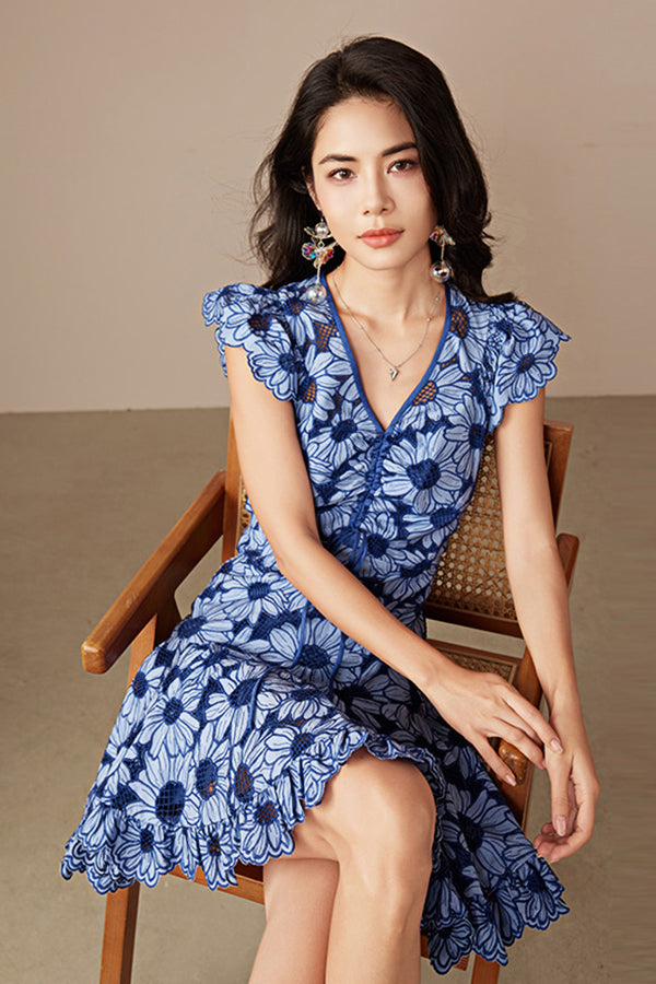 Blue Floral Short A Line Summer Dress