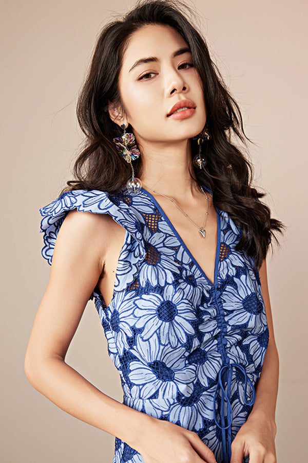 Blue Floral Short A Line Summer Dress