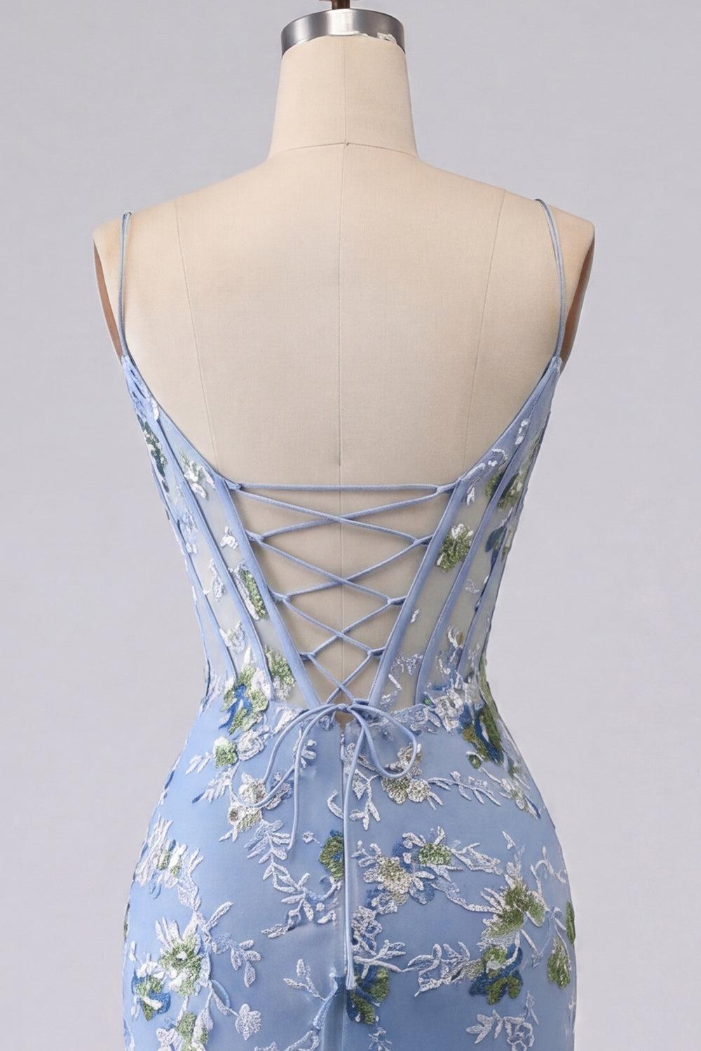 Blue Floral Tight Spaghetti Straps Short Corset Homecoming Dress
