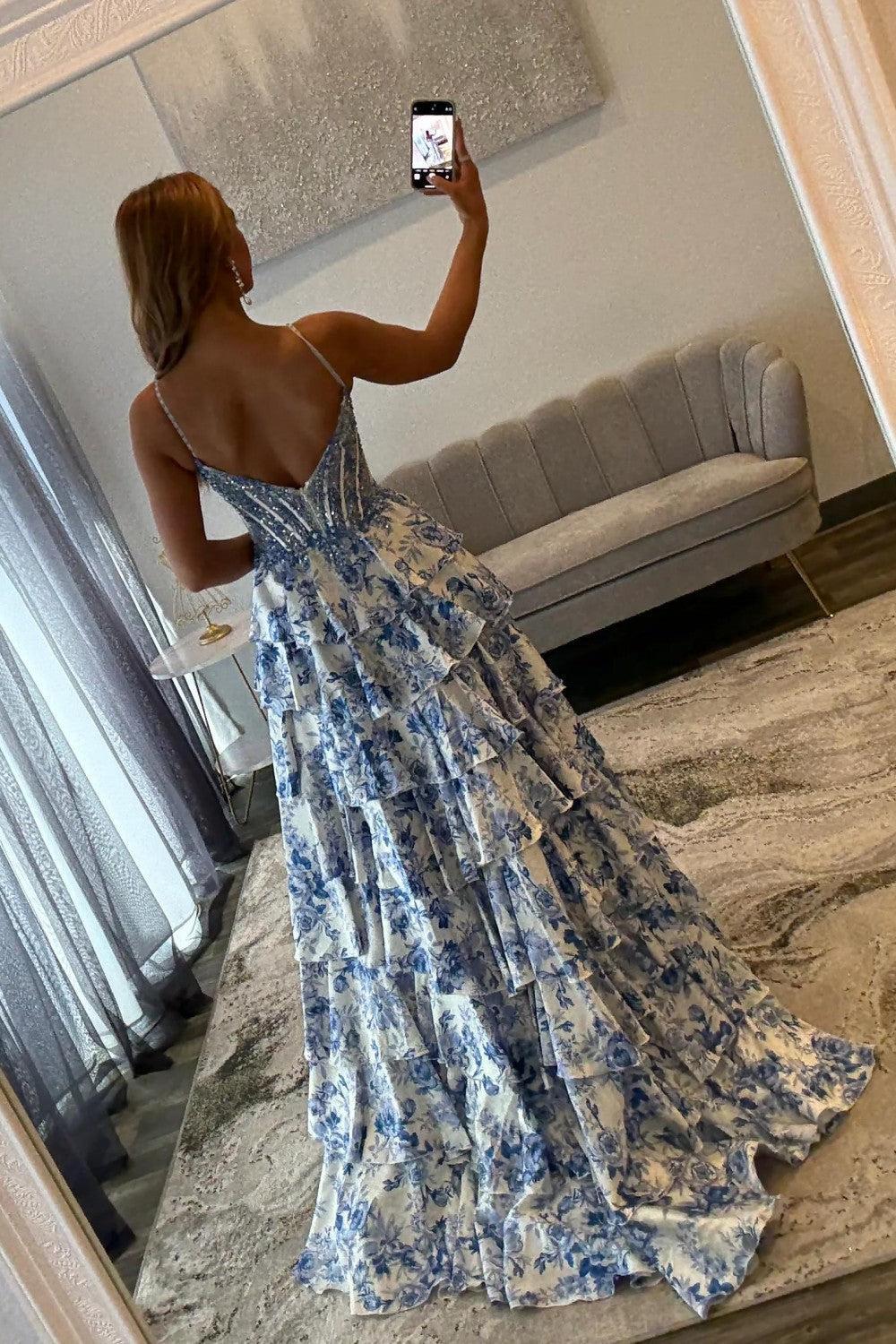 Blue Floral Spaghetti Straps Ruffle High-Slit Prom Dress With Lace Bodice Formal Evening Gown