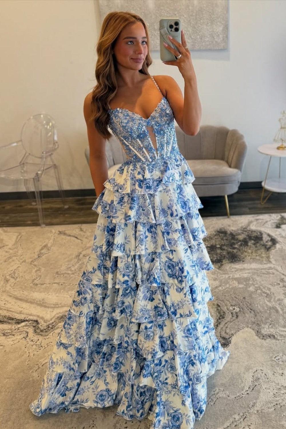 Blue Floral Spaghetti Straps Ruffle High-Slit Prom Dress With Lace Bodice Formal Evening Gown