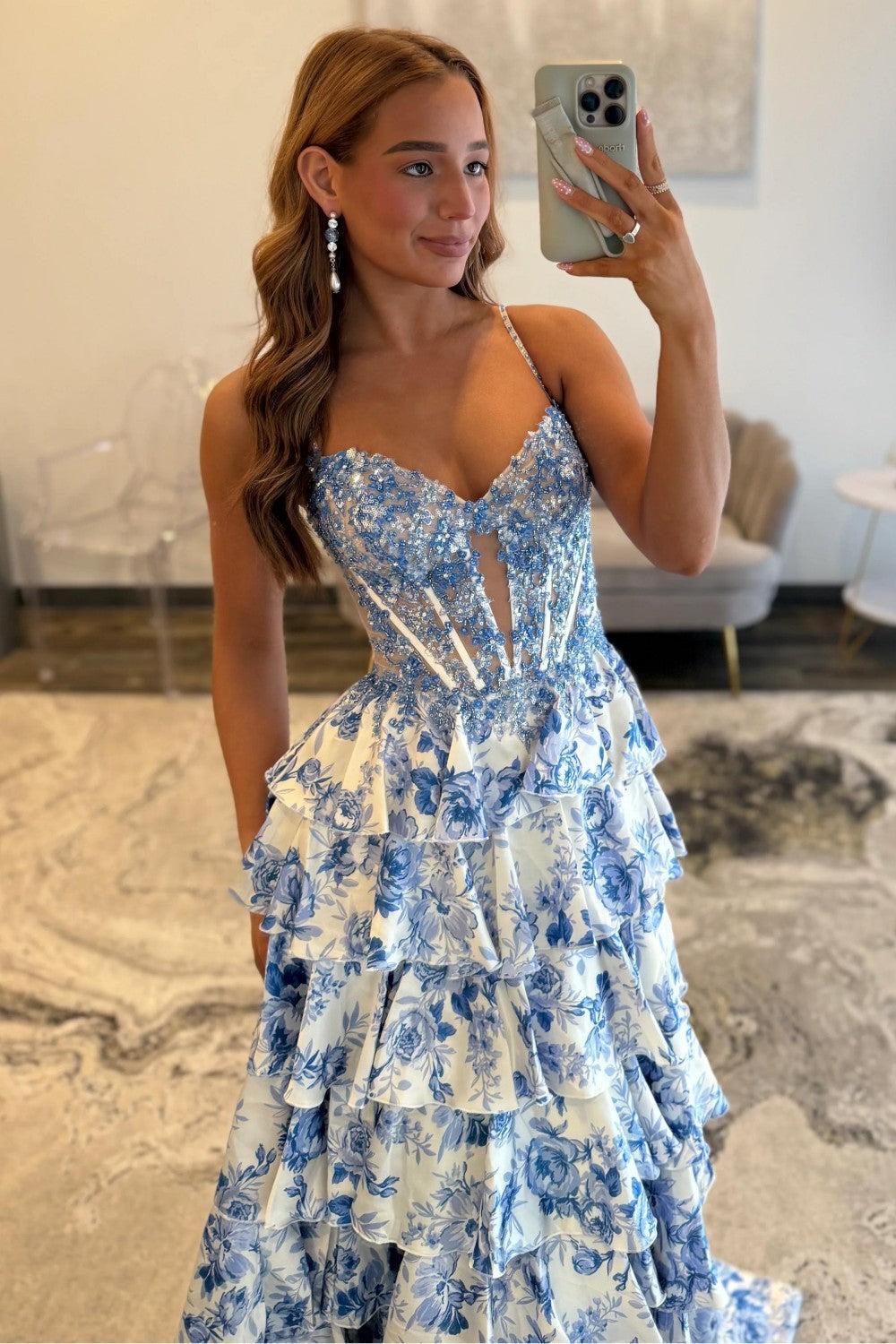 Blue Floral Spaghetti Straps Ruffle High-Slit Prom Dress With Lace Bodice Formal Evening Gown