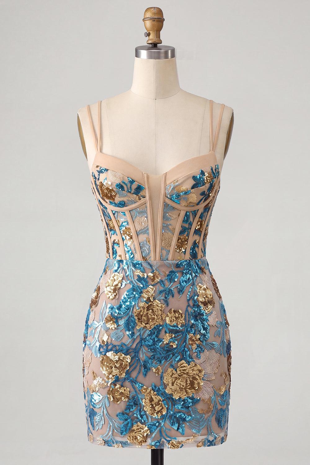 Blue Floral Sparkly Corset Sequin Tight Short Homecoming Dress