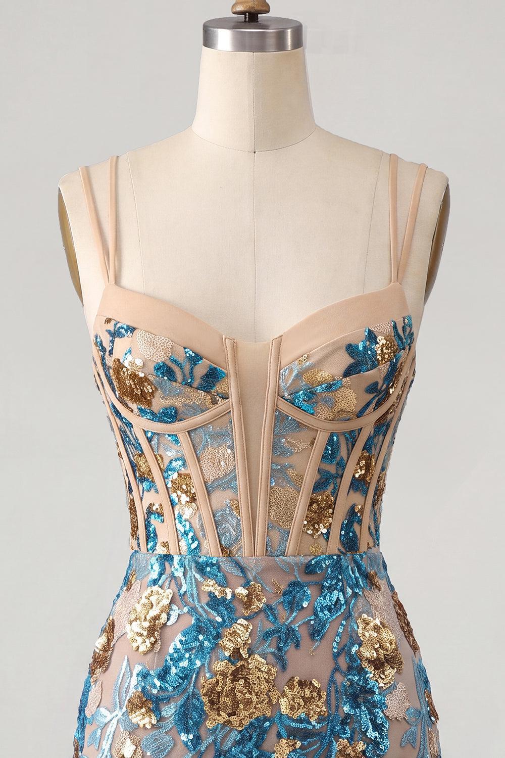 Blue Floral Sparkly Corset Sequin Tight Short Homecoming Dress