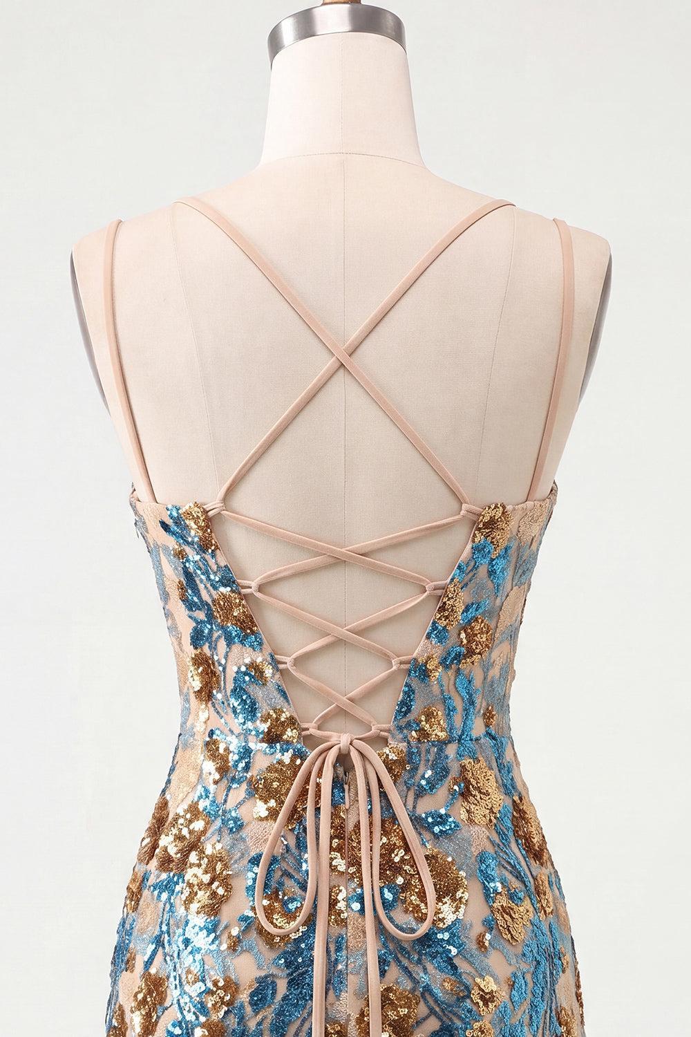 Blue Floral Sparkly Corset Sequin Tight Short Homecoming Dress