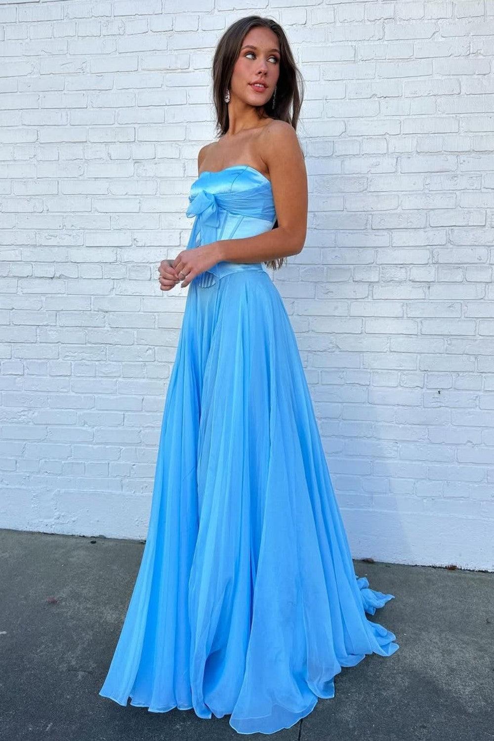 Blue Flowing Chiffon Strapless Corset Prom Dress With Bow Bodice Formal Evening Gown