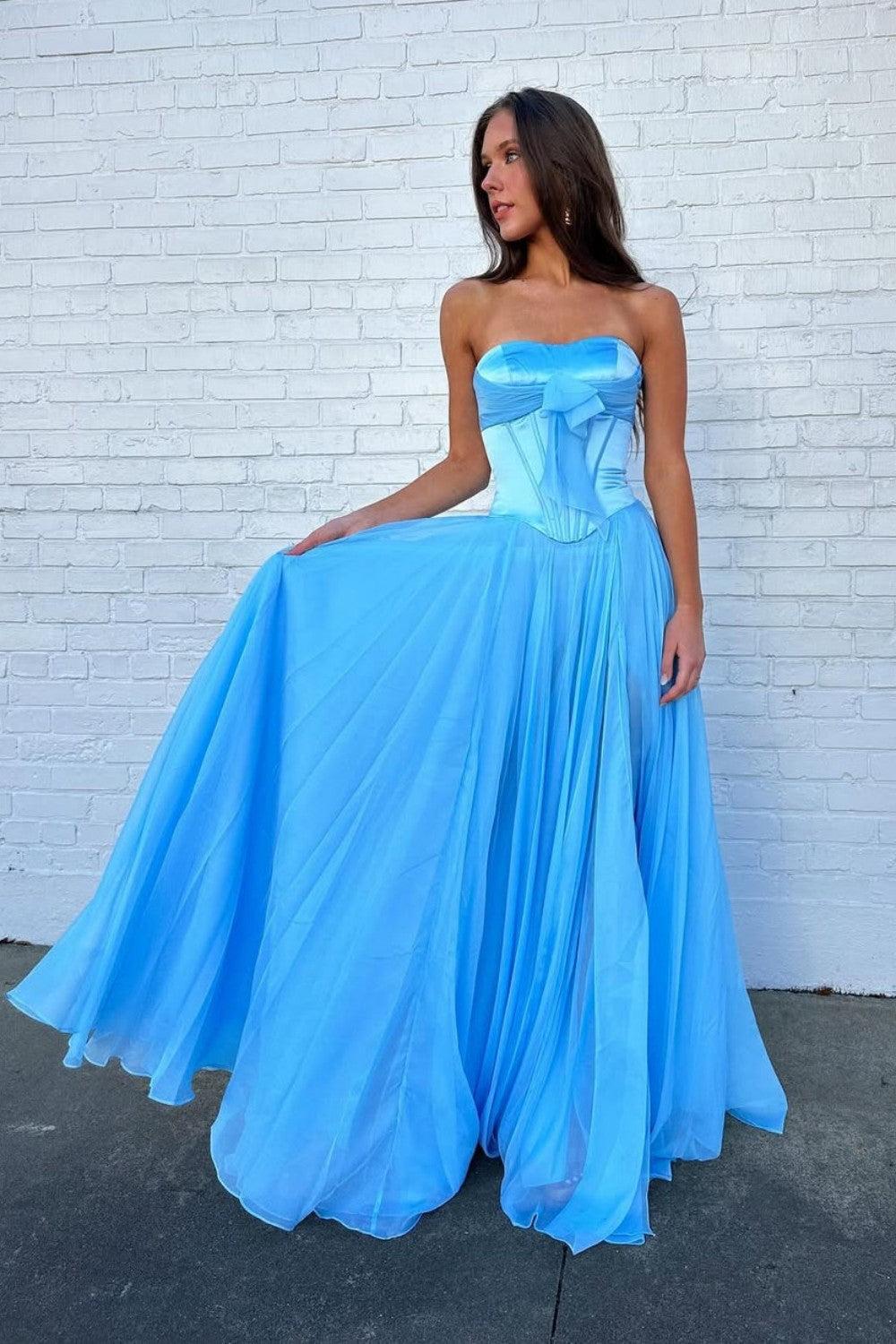 Blue Flowing Chiffon Strapless Corset Prom Dress With Bow Bodice Formal Evening Gown