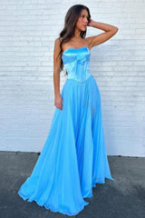 Blue Flowing Chiffon Strapless Corset Prom Dress With Bow Bodice Formal Evening Gown