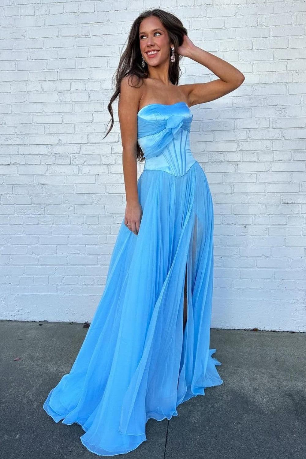 Blue Flowing Chiffon Strapless Corset Prom Dress With Bow Bodice Formal Evening Gown
