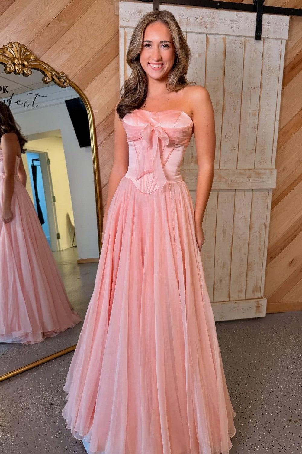 Blue Flowing Chiffon Strapless Corset Prom Dress With Bow Bodice Formal Evening Gown