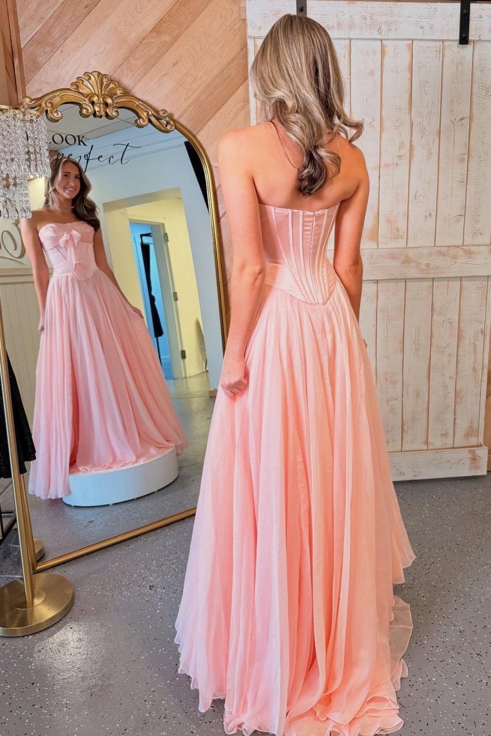 Blue Flowing Chiffon Strapless Corset Prom Dress With Bow Bodice Formal Evening Gown