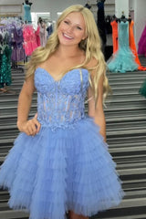 Blue Homecoming Dress A Line Strapless Tiered Short Prom Dress With Appliques