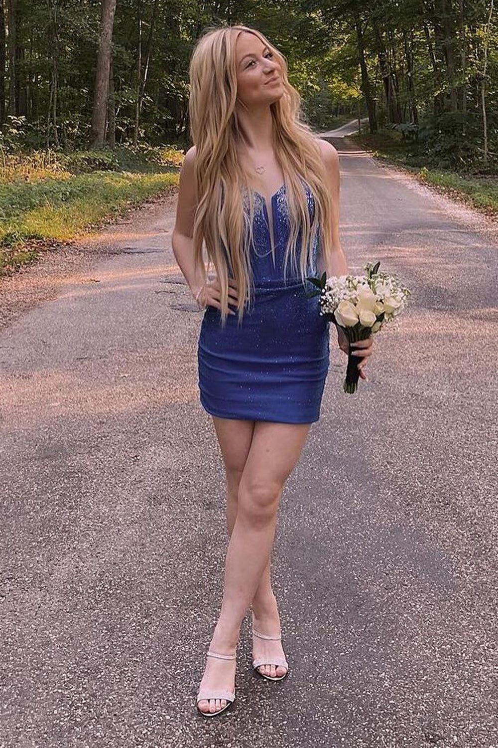 Blue Homecoming Dress Beaded Corset Lace-Up Back Tight Short Prom Dress