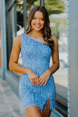Blue Homecoming Dress Beaded Fringed Tight Short Prom Dress