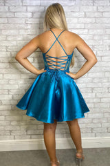 Blue Homecoming Dress Beaded Halter Corset Prom Dress