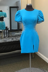 Blue Homecoming Dress Beaded Puff Sleeves Short Prom Dress