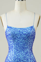 Blue Homecoming Dress Beaded Spaghetti Straps Tight Short Prom Dress