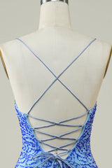 Blue Homecoming Dress Beaded Spaghetti Straps Tight Short Prom Dress