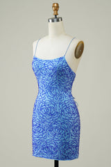 Blue Homecoming Dress Beaded Spaghetti Straps Tight Short Prom Dress