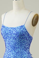Blue Homecoming Dress Beaded Spaghetti Straps Tight Short Prom Dress