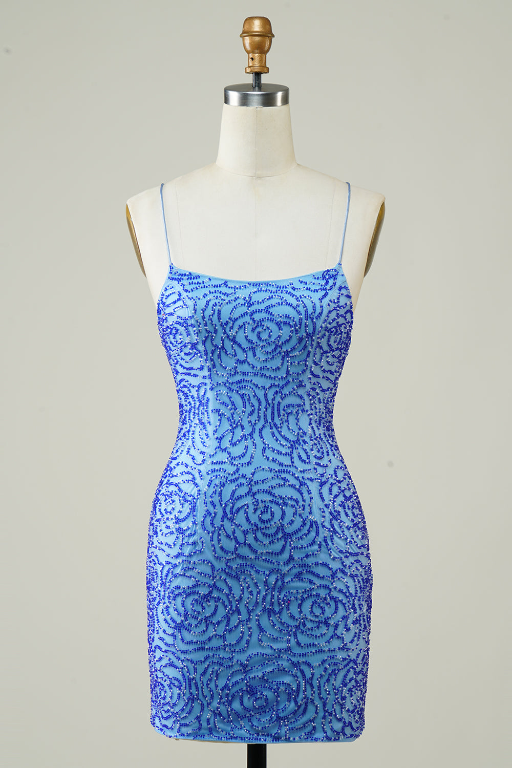 Blue Homecoming Dress Beaded Spaghetti Straps Tight Short Prom Dress