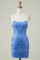 Blue Homecoming Dress Beaded Spaghetti Straps Tight Short Prom Dress