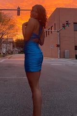 Blue Homecoming Dress Beaded Tight Short Prom Dress