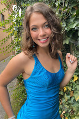 Blue Homecoming Dress Beaded Tight Short Prom Dress