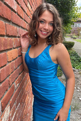 Blue Homecoming Dress Beaded Tight Short Prom Dress