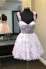 Blue Homecoming Dress Corset A Line Floral Printed Short Prom Dress