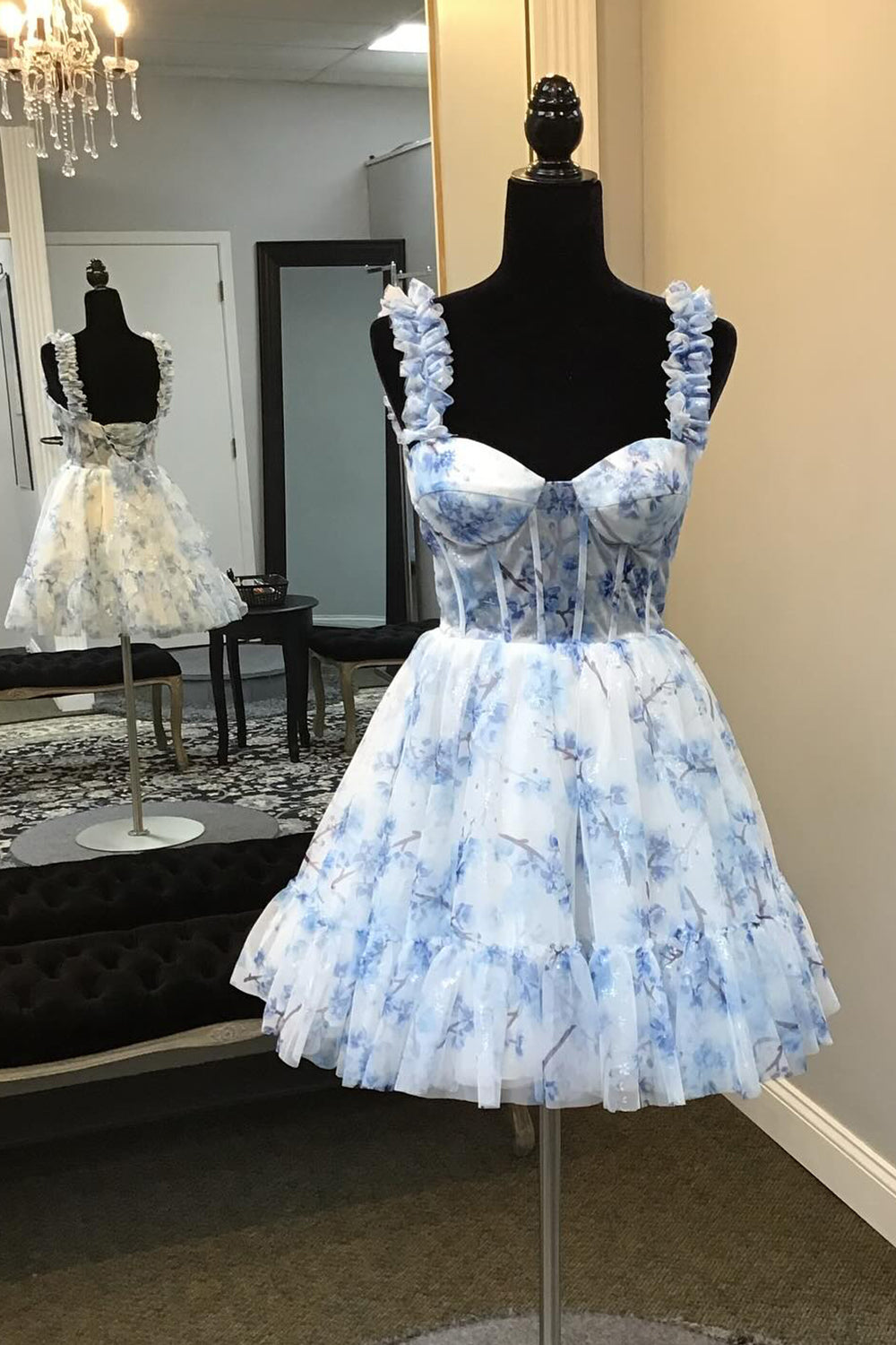 Blue Homecoming Dress Corset A Line Floral Printed Short Prom Dress