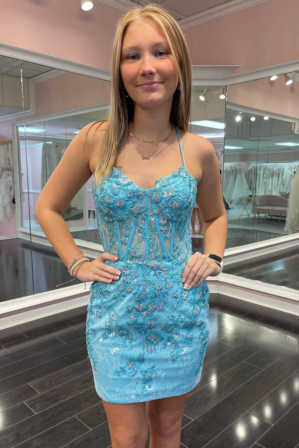 Blue Homecoming Dress Corset Floral Tight Short Prom Dress with Lace