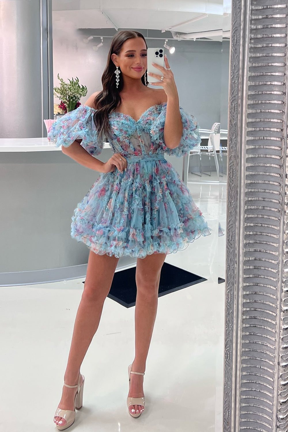 Blue Homecoming Dress Corset Off The Shoulder Floral A-Line Short Prom Dress