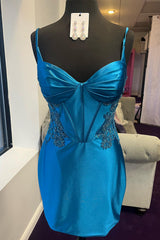 Blue Homecoming Dress Corset Open Back Tight Short Cocktail Dresses with Appliques