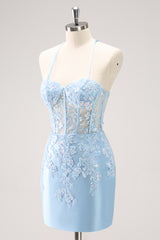 Blue Homecoming Dress Corset Sequined Tight Short Prom Dress