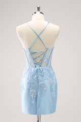 Blue Homecoming Dress Corset Sequined Tight Short Prom Dress