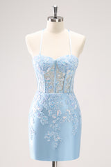 Blue Homecoming Dress Corset Sequined Tight Short Prom Dress