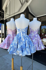 Blue Homecoming Dress Corset Sweetheart Floral A Line Short Prom Dress