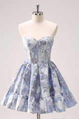 Blue Homecoming Dress Corset Sweetheart Floral A Line Short Prom Dress