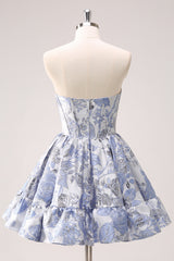 Blue Homecoming Dress Corset Sweetheart Floral A Line Short Prom Dress