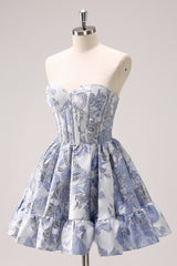 Blue Homecoming Dress Corset Sweetheart Floral A Line Short Prom Dress