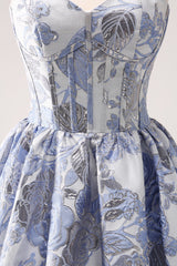 Blue Homecoming Dress Corset Sweetheart Floral A Line Short Prom Dress