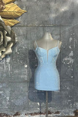 Blue Homecoming Dress Corset Top Beaded Tight Short Prom Dress