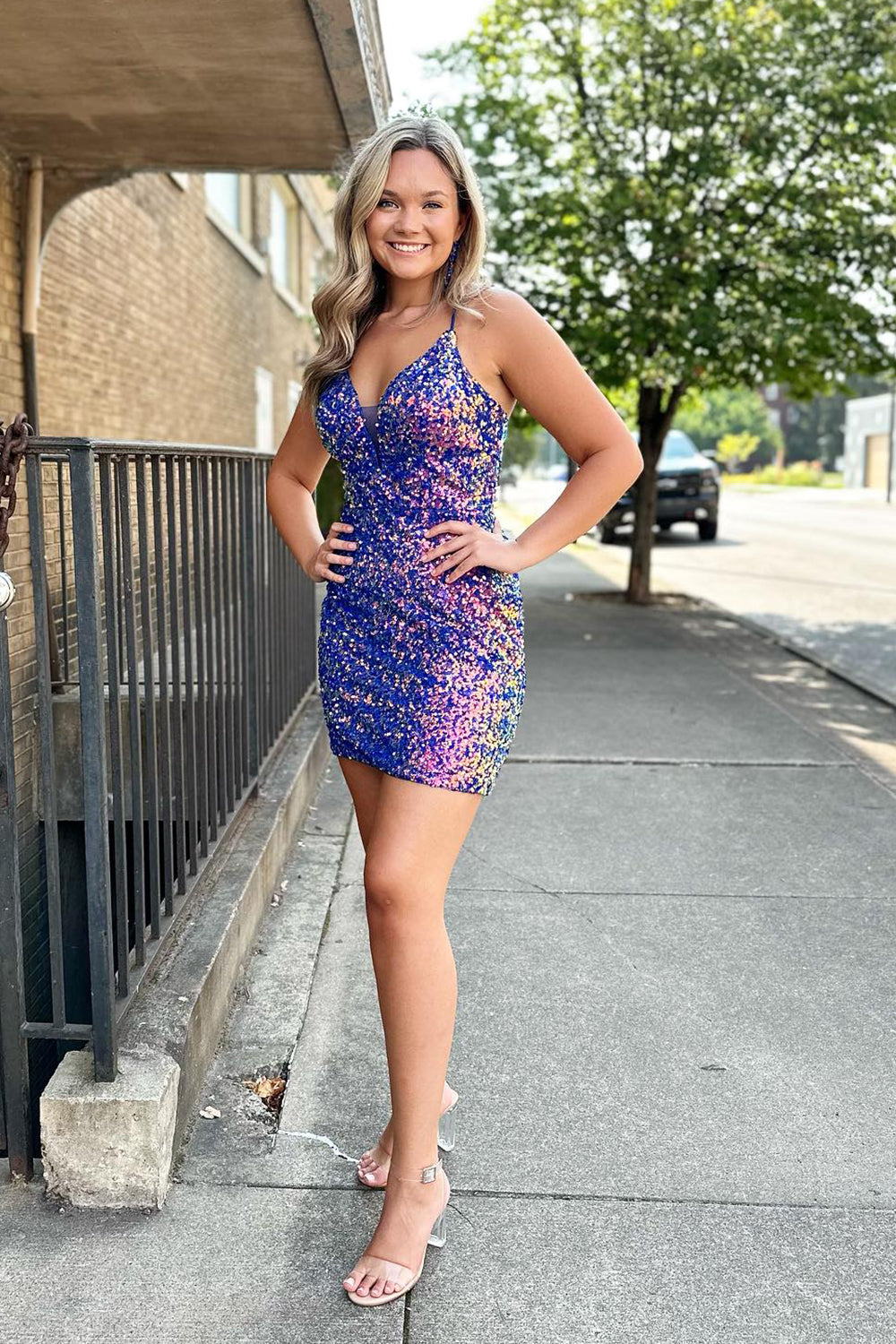 Blue Homecoming Dress Detachable Train Sequin Tight Short Prom Dress