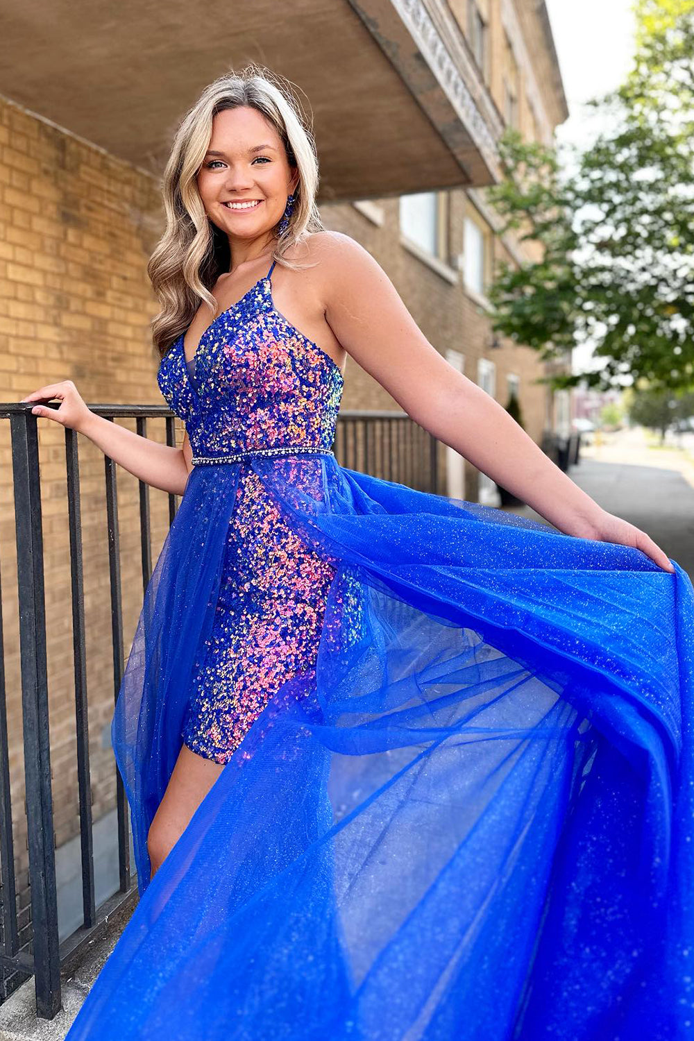 Blue Homecoming Dress Detachable Train Sequin Tight Short Prom Dress
