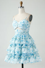 Blue Homecoming Dress Flower Tiered A Line Short Prom Dress