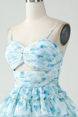 Blue Homecoming Dress Flower Tiered A Line Short Prom Dress