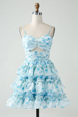 Blue Homecoming Dress Flower Tiered A Line Short Prom Dress