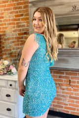 Blue Homecoming Dress Fringed One Shoulder Tight Sequin Short Prom Dress